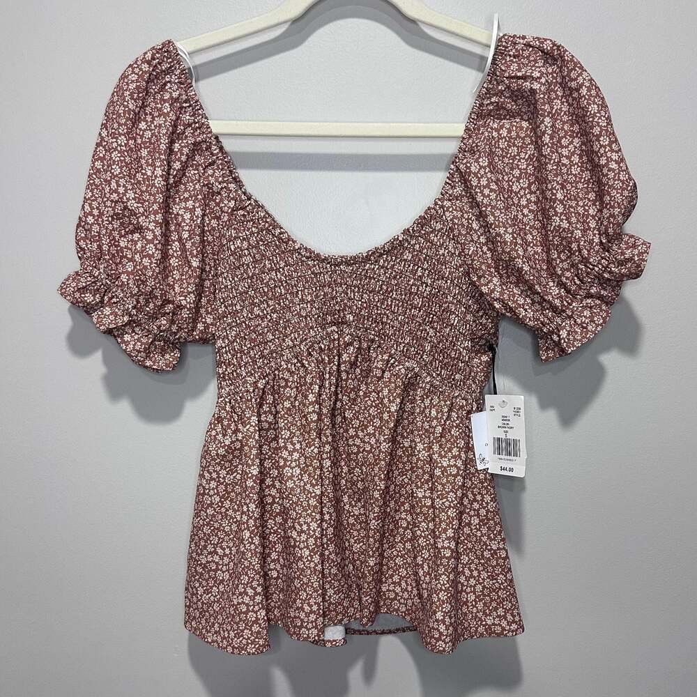 Originality Brown and Ivory Floral Smocked Puff Sleeve Babydoll Top, Sz S